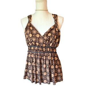 Studio Y2K Brown Boho Floral Halter Top Ring Back Babydoll Tank Size Large